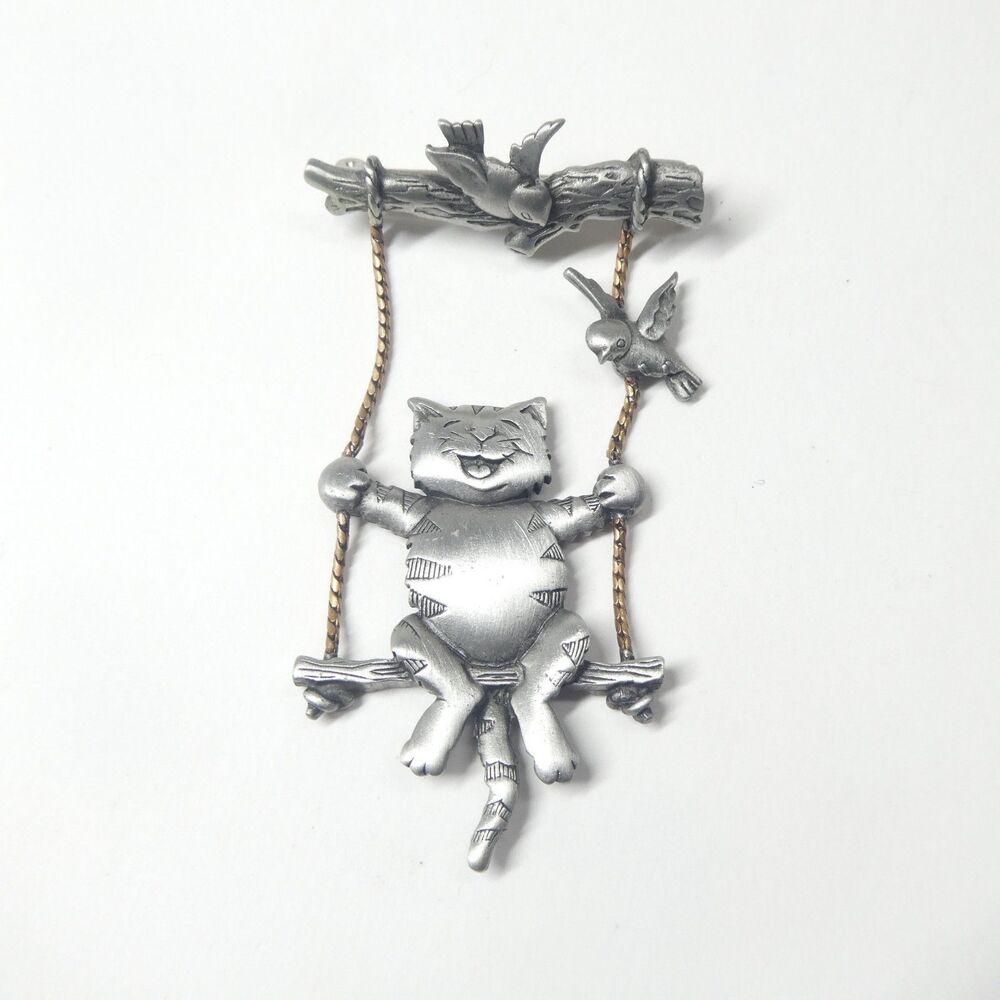 Cat in a Tree Swing Pin Vintage JJ Jonette Brooch Swinging
